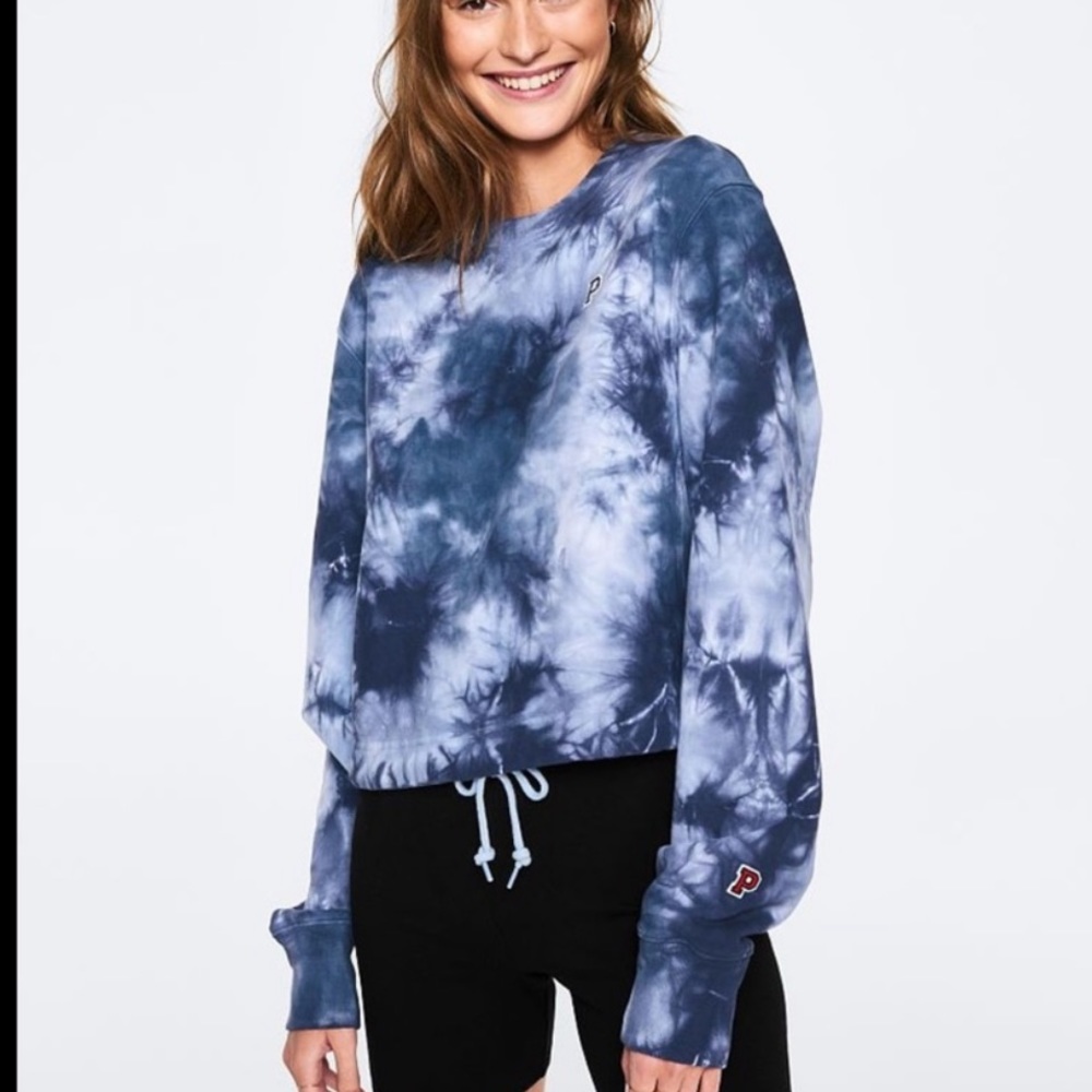 VS Pink Tie Dye Crop Crew Sweatshirt Blue